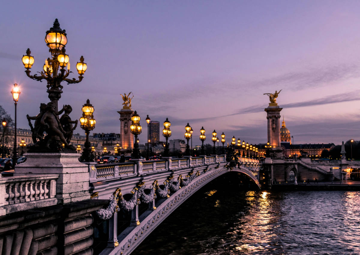 Bridge over the Seine river at twilight.